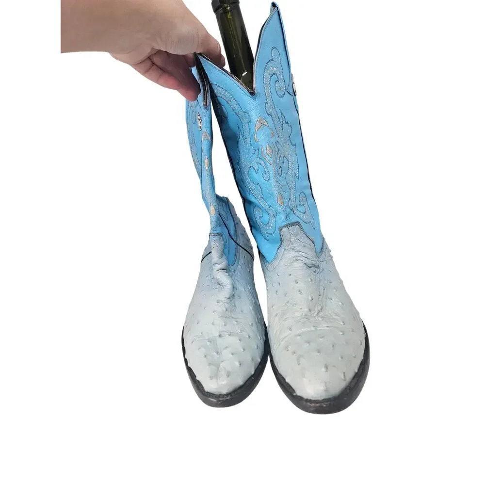 RG Boots 9.5 Light Blue Leather Ostrich Western Cowboy Boot Rodeo Ranch